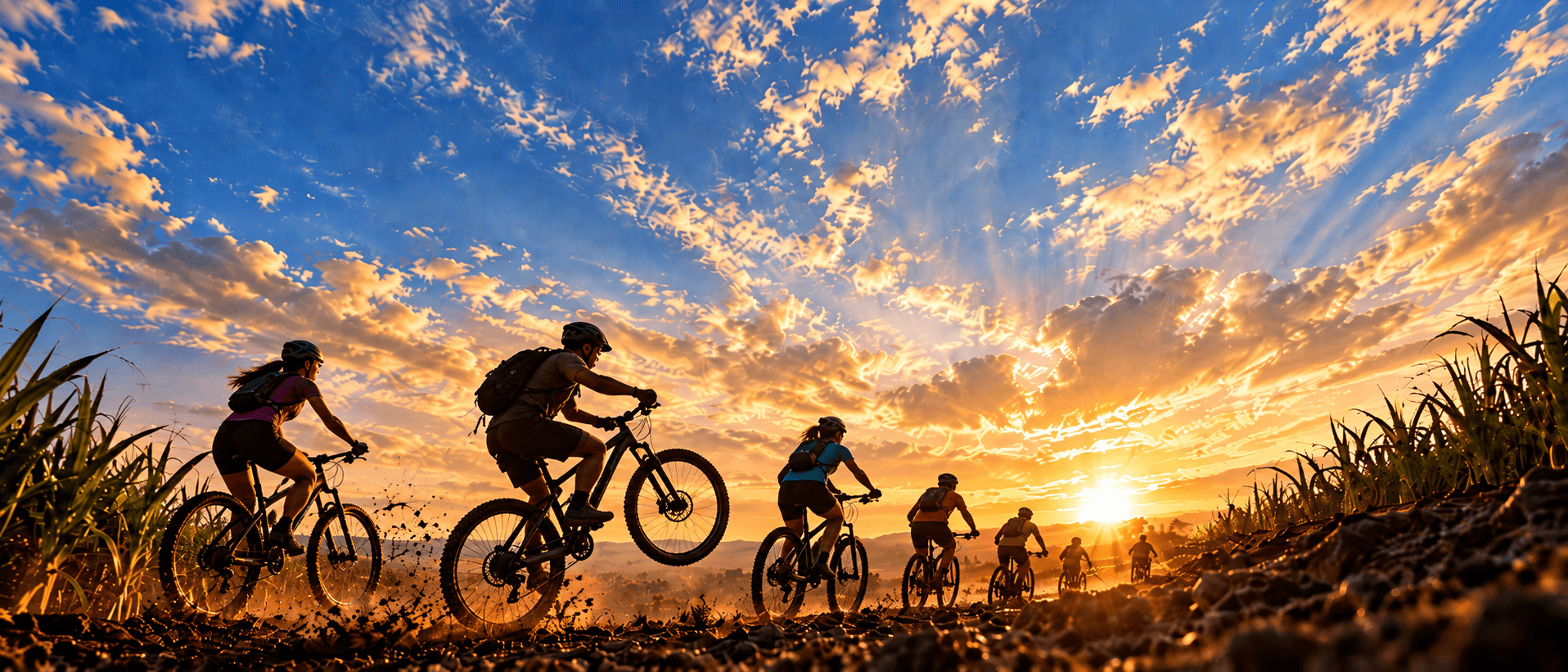 Ciclistas pedalando ao nascer do sol